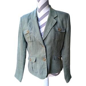 JG Hook 100% Linen Blazer Women 10  Green Button Up Pockets Blazer Shoulder Pad